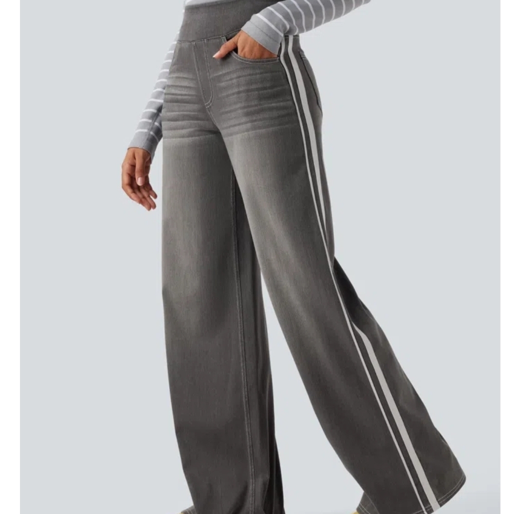 NEW HALARA Women's Flex High-Waisted Stripe Wide Leg Flowy Washed Casual Jeans